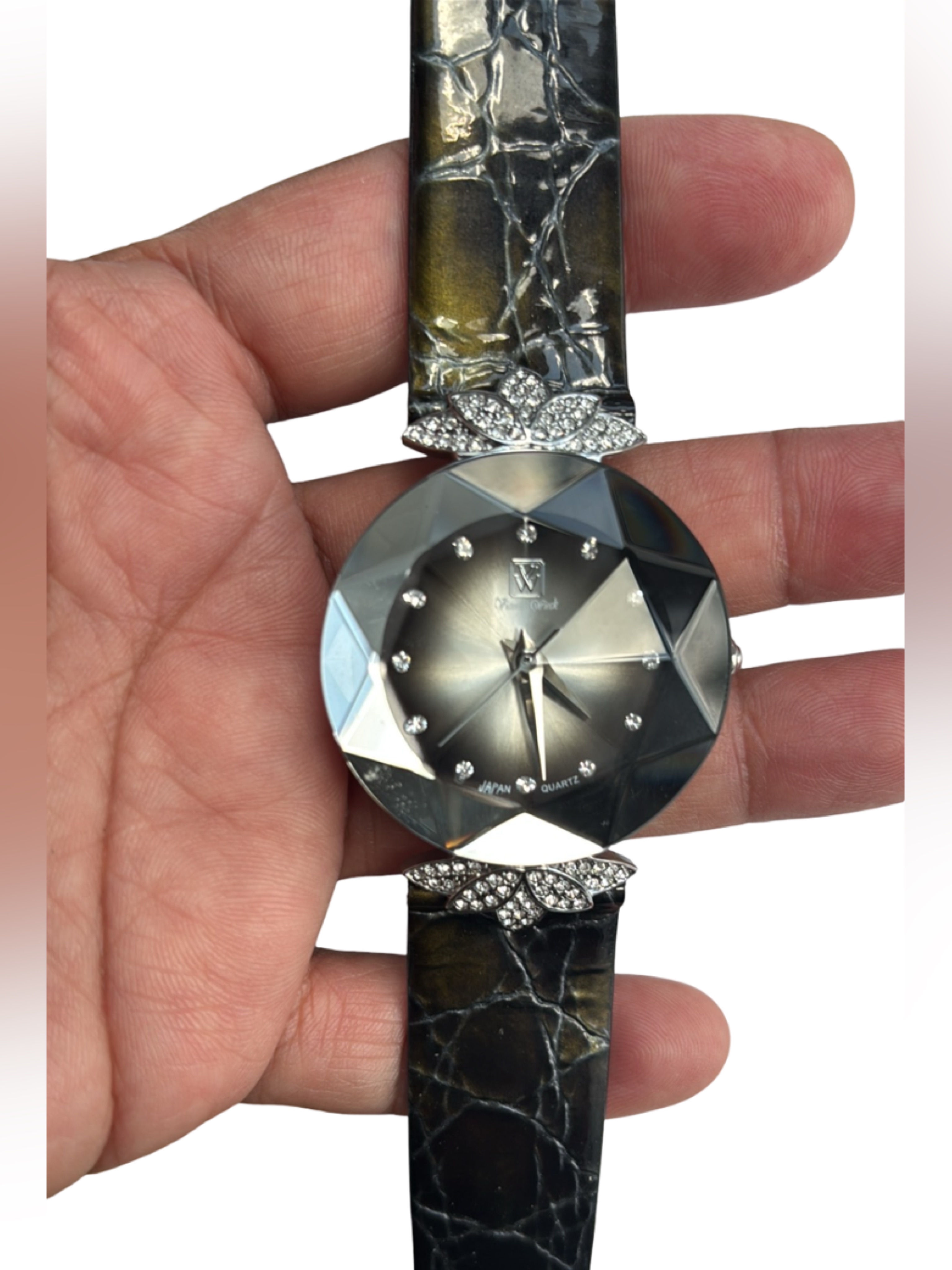 Victoria Wieck Faceted Crystal Silver Tone Watch & Marble Design Leather Strap